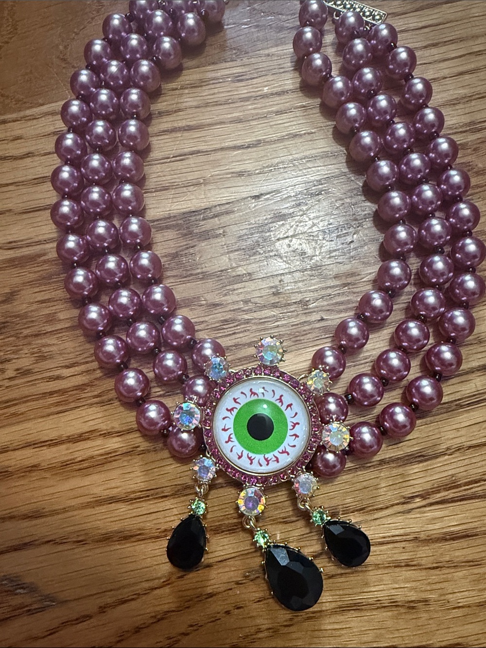 Betsey Johnson Purple Pearl Multi-Strand Necklace with Green Eye Pendant